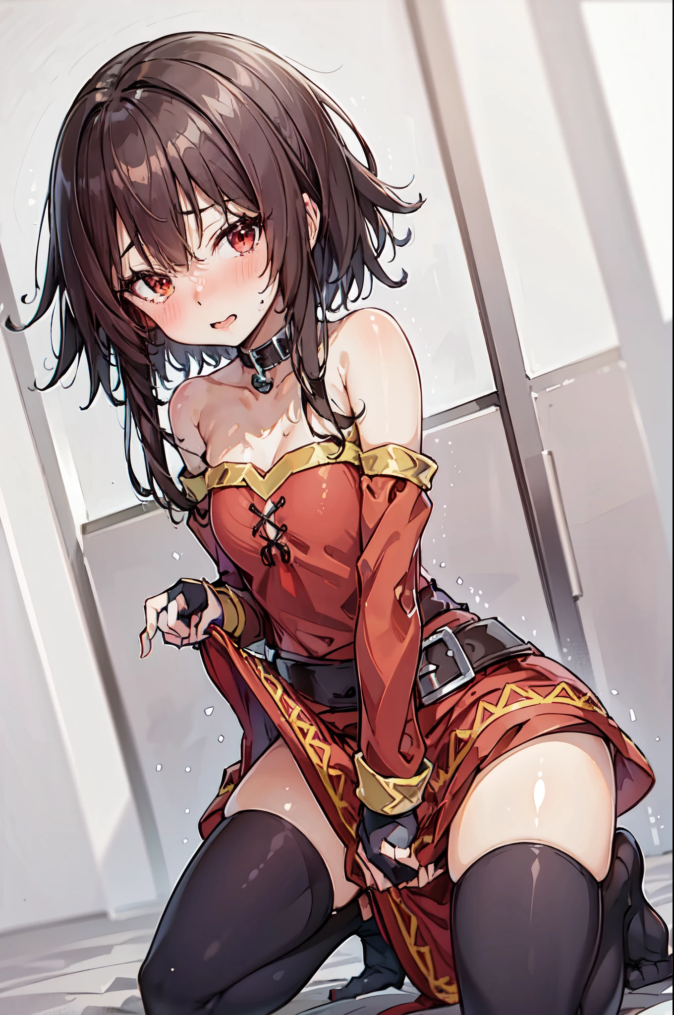 Anime girl kneeling on the floor in a short skirt and red tie, anime look of a cute girl, CG Art Soft Animation, Beautiful high school student anime girl, the anime girl is crouching, Megumin girl in cute Konosuba anime, Surreal Students, Beautiful anime girl squats, young anime girl, anime moe art style, Photorealistic anime girl rendering, Akame, brown haired, short-haired