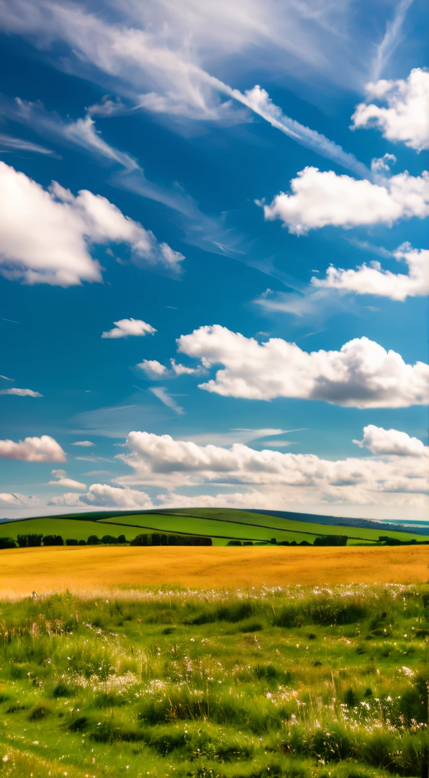 Steppe landscape,Blue sky and clouds, green forest, dingdall effect,country road,Colorful hot air balloons,high quality desktop wallpaper, lush green forest, Advanced field properties, Beautiful English countryside, amazing view, endless rolling hills, landscape wallpaper, lush countryside, green forest patch, amazing view, Green field in the background, high-quality wallpaper, beautiful wallpaper