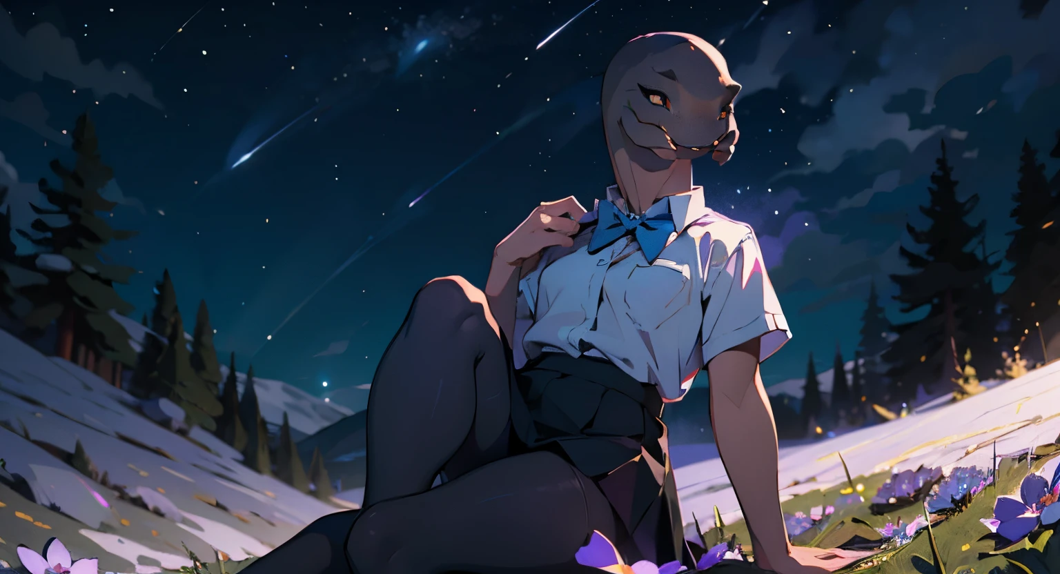 best quality, masterpiece,, Illustration, Wallpaper,1sangheili, solo, school uniform, white shirt, black skirt, beautiful, beautiful detailed eyes, shy, natural_lighting, glow,nsfw, clean sky, looking at viewer, outdoors, night sky, star (sky), black pantyhose, blue bowtie, purple petals, purple and blue flowers, blue ribbon, thick_thighs,