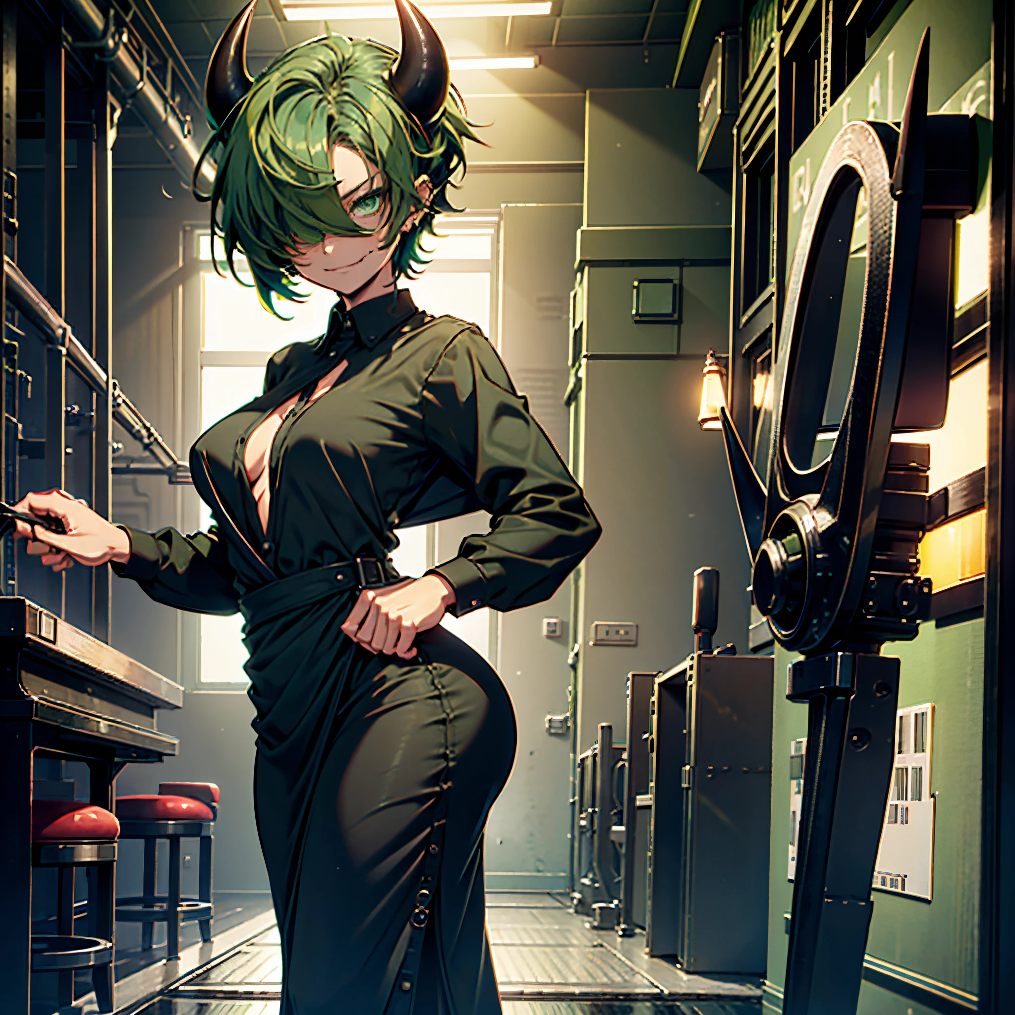 1woman, medium breasts, tiny waist, big ass, wearing black dress pants, wearing tucked light green t-shirt, wearing black dress shoes, short hair, spiky hair, light green hair, hair covering one eye, green eyes, black horns, smirking, standing in red room