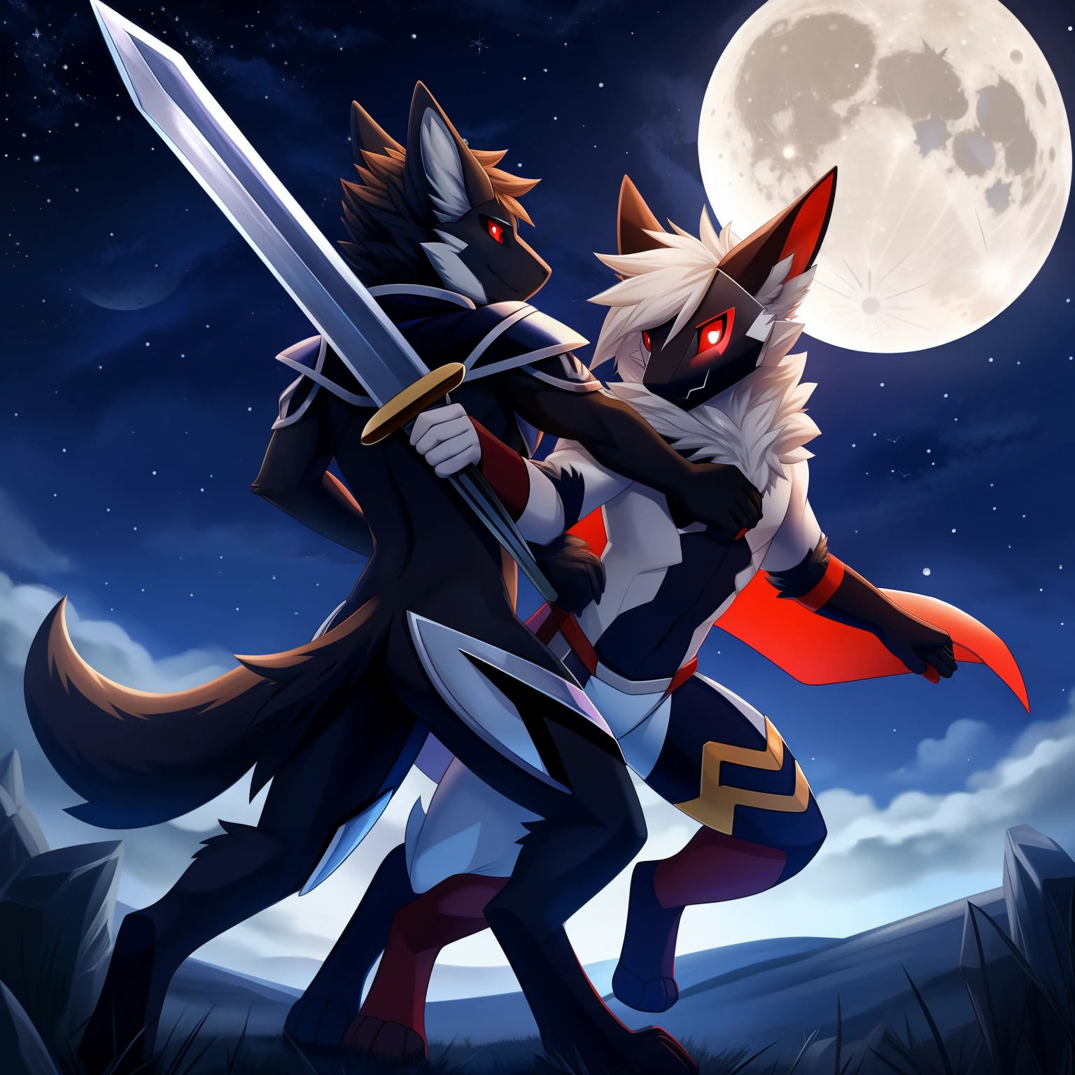 Protogens, Black fur and red eyes, soft coat, body detailed, fighting position,Hold the sword with one hand. ,overcast sky, star, full moon, dusk