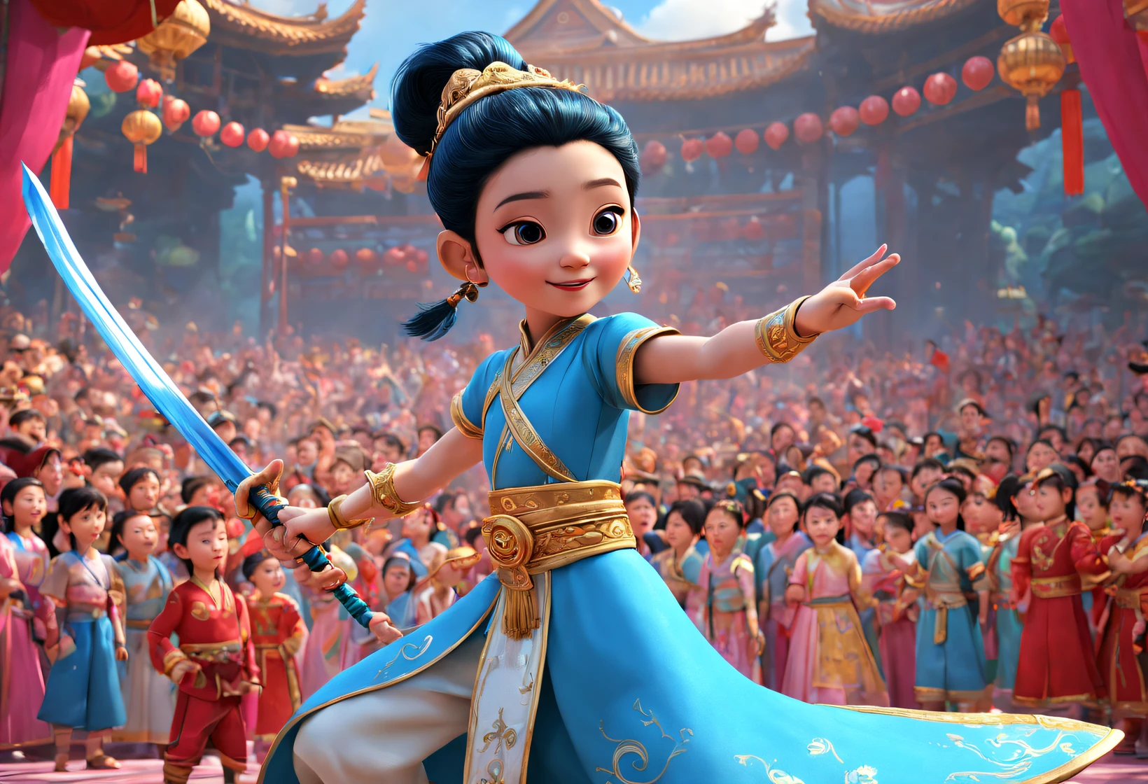 (Young hero Little Nezha performs swordsmanship for children at Cloisonne Theme Park），（There were many children in the audience：0.3），Chinese animated character young hero Xiao Nezha，dreamy scenes，ultra-realistic realism，Asymmetrical balance ，( magenta ）Carmine＋( blue white colors ）Blue-cyan＋( tin foil gold ）golden colored，pixar character