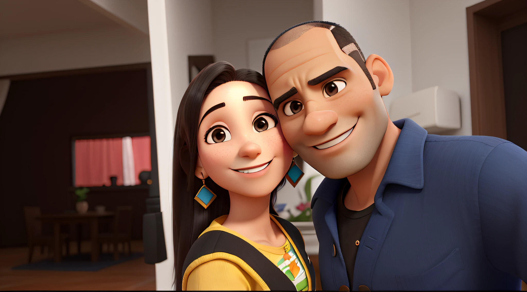 There's a man and a woman posing for a picture together, imagem de perfil, Directed by: Nandor Soldier, foto do perfil, por, Directed by: Willian Murai, foto do perfil, Alanis Guillen, imagem do avatar, foto do perfil, noite!, mulher de 30 anos, Morena, cabelo longo, junto com Homem de 40 anos, Bem negro, quase careca. eles `sou casado, are happy and smiling. They are inside your house.