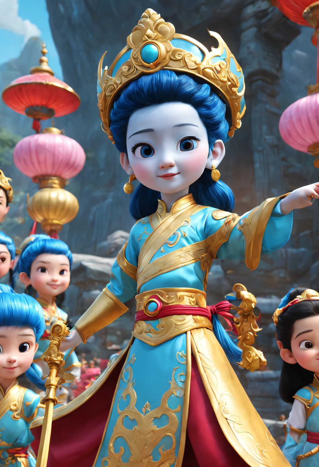 (Young hero Little Nezha performs swordsmanship for children at Cloisonne Theme Park),(There were many children in the audience:0.3).,Chinese animated character young hero Xiao Nezha,dreamland dreamland,ultra-realistic realism,Asymmetrical balance ,( magenta )Carmine+( blue white colors )Blue-cyan+( tin foil gold )golden colored,pixar character
