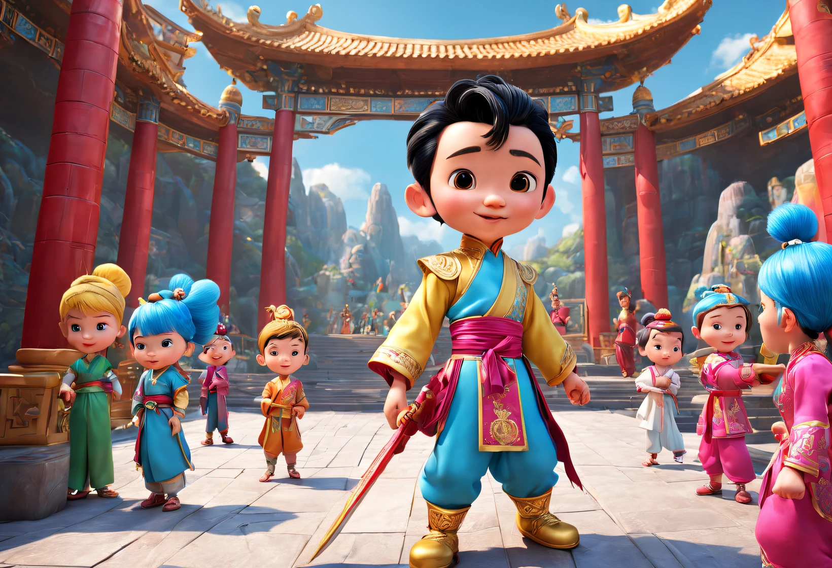 (Young hero Little Nezha performs swordsmanship for children at Cloisonne Theme Park），（Audience kids in fashionable clothes at door：0.3），Chinese animated character young hero Xiao Nezha，dreamy scenes，ultra-realistic realism，Asymmetrical balance ，( magenta ）Carmine＋( blue white colors ）Blue-cyan＋( tin foil gold ）golden colored，pixar character