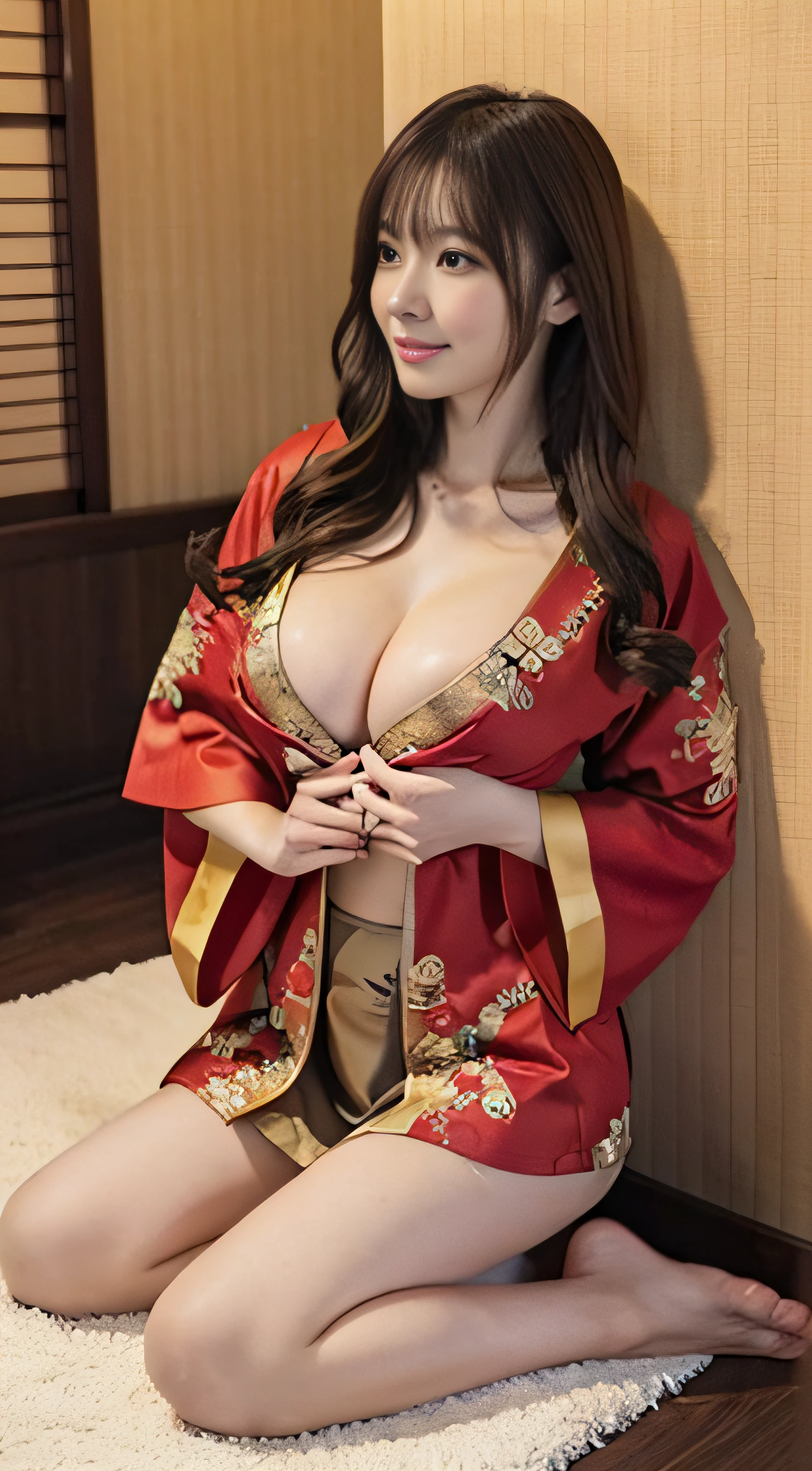top-quality、Top image quality、​masterpiece、fully body photo、25 years old women, governess、Dark brown wavy middle hair、bangss、((Red kimono、golden embroidery))、 ((no-bra、Puffy ??????、))、soft boob、??????? of medium size,、Kamimei、 Shy laughter、luxury hotel room、Lying on the floor、Show your ???、((Grasp your ??????? with both hands over your clothes、Touching the ??????))