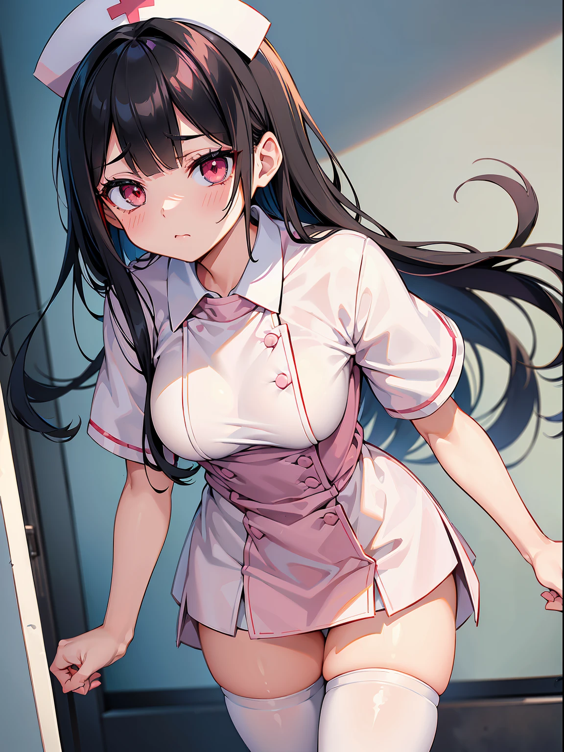 (RAW Photos, Best Quality), (animesque: 1.2), (Sharp facial features), (smaller face: 1), 1人の女性, Beautiful, (High Detail Skin: 1.2), (drooing eyes), (Red eyes), Troubled face, 鎖骨, cute face, Beautiful eyes, long eyelashes, ((Perfect fingers)), Clean hands, ((Long black hair)), ((Pink nurse clothes:1.2, white stockings)), (((Bursting milk))), Background of the examination room, Soft lighting, High quality, Professional Lighting, Photon mapping, Physically Based Rendering, Perfect limbs, Perfect Anatomy, tre anatomically correct,