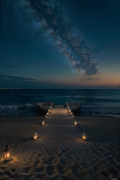 (best quality,4k,8k,highres,masterpiece:1.2),ultra-detailed,(realistic,photorealistic,photo-realistic:1.37),clear sky,night,stars,white stairs to heaven,sea side,moonlight,seaside breeze,peaceful ambiance,vivid colors,shimmering stars,serene atmosphere,dreamy composition,illuminated night scene,glowing stars above the sea,crystal clear sky,tranquil beach,reflective moon on water, starry stairway leading to the sky, ethereal pathway to the heavens, mesmerizing celestial view, stunning ocean waves, soft moonlit silhouette on the horizon, gentle rustle of palm trees, subtle glow of moonlight on the sand, breathtaking night sky, endless expanse of stars, poetic imagery of stars guiding the way, cool breeze mingling with the salty air, the beauty and vastness of the universe, a mystical journey towards enlightenment