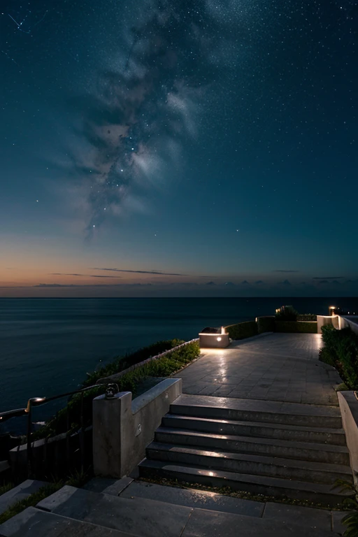 clear sky , night , stars , white stairs to heaven , sea side