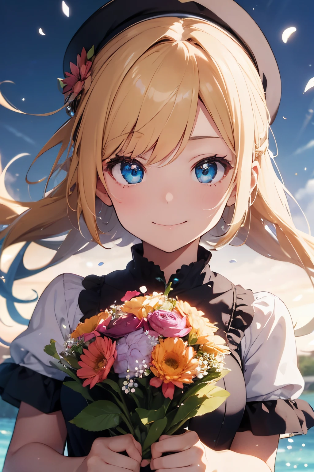 1girl, flowers, bouquet, celebration, confetti, smiling, beautiful yet delicate dress, ahoge, shiny hair, beret, snowflake hair ornament, raised eyebrows, aqua eyes, gradient eyes, anime, anime style, drop shadow, silhouette, image fill, pov, first-person view, lens flare, Wide-Angle, masterpiece, best quality, high quality, high details, high quality, masterpiece, blonde hair