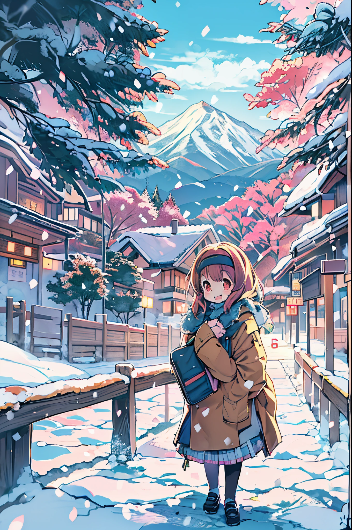 masutepiece、Anime character standing in the snow with mountains in the background, in style of kyoto animation, kyoto animation still, Anime Girls, Kyoto Animation, two beautiful anime girls, a-1 pictures, High School Girls, Happy!!!, kyoto animation key visual, Cute:2, Twin-tailed, anime movie background