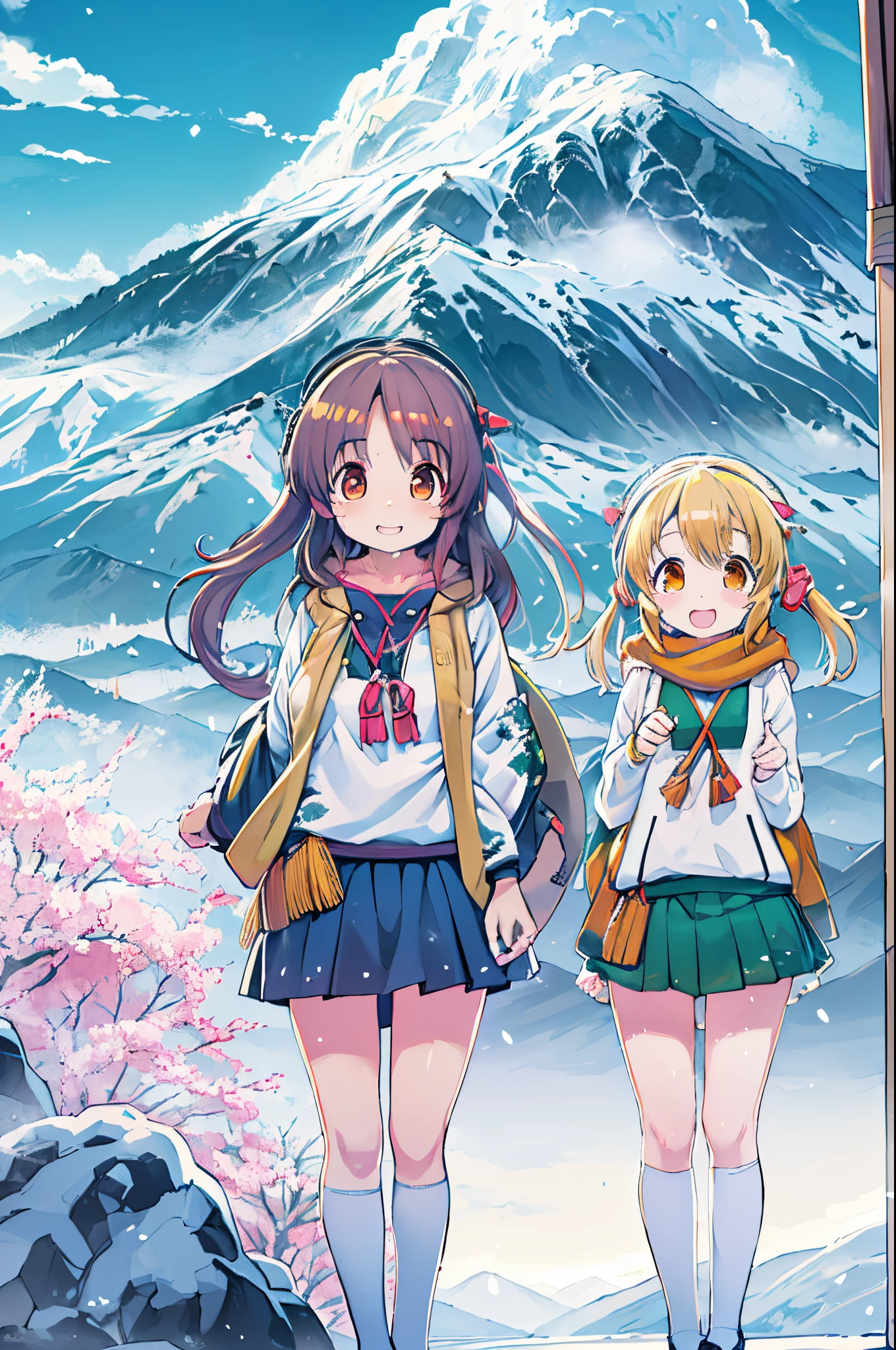 masutepiece、Anime character standing in the snow with mountains in the background, in style of kyoto animation, kyoto animation still, Anime Girls, Kyoto Animation, two beautiful anime girls, a-1 pictures, High School Girls, Happy!!!, kyoto animation key visual, Cute:2, Twin-tailed, anime movie background