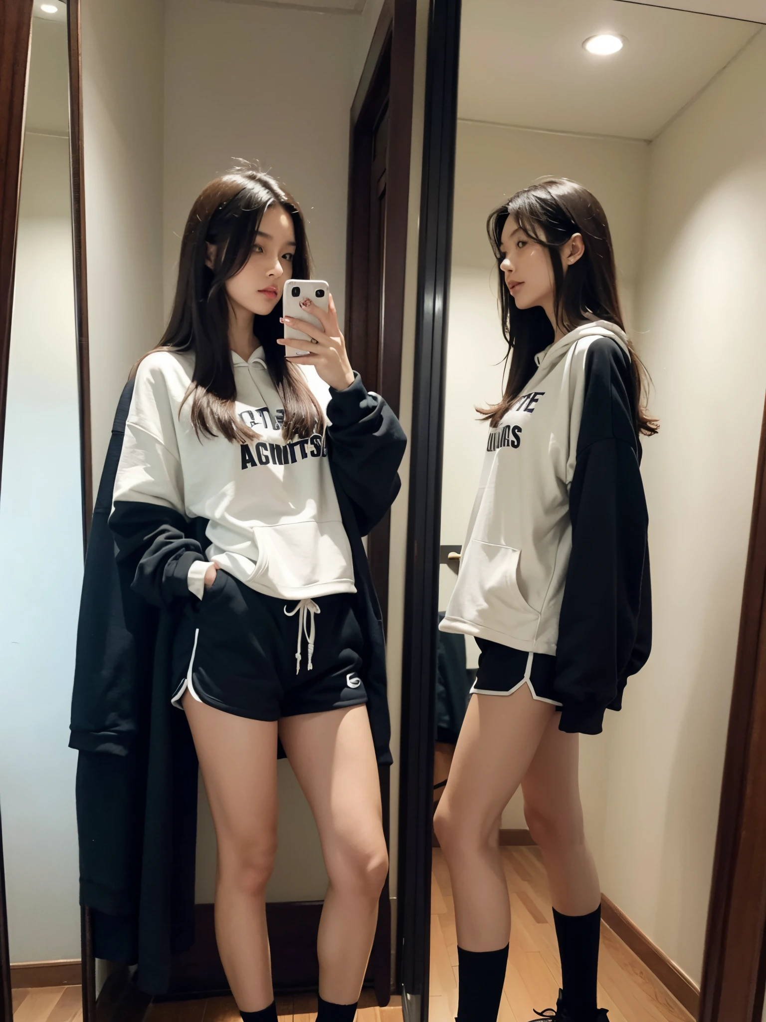 Oversized hoodie, sport shorts, mirror