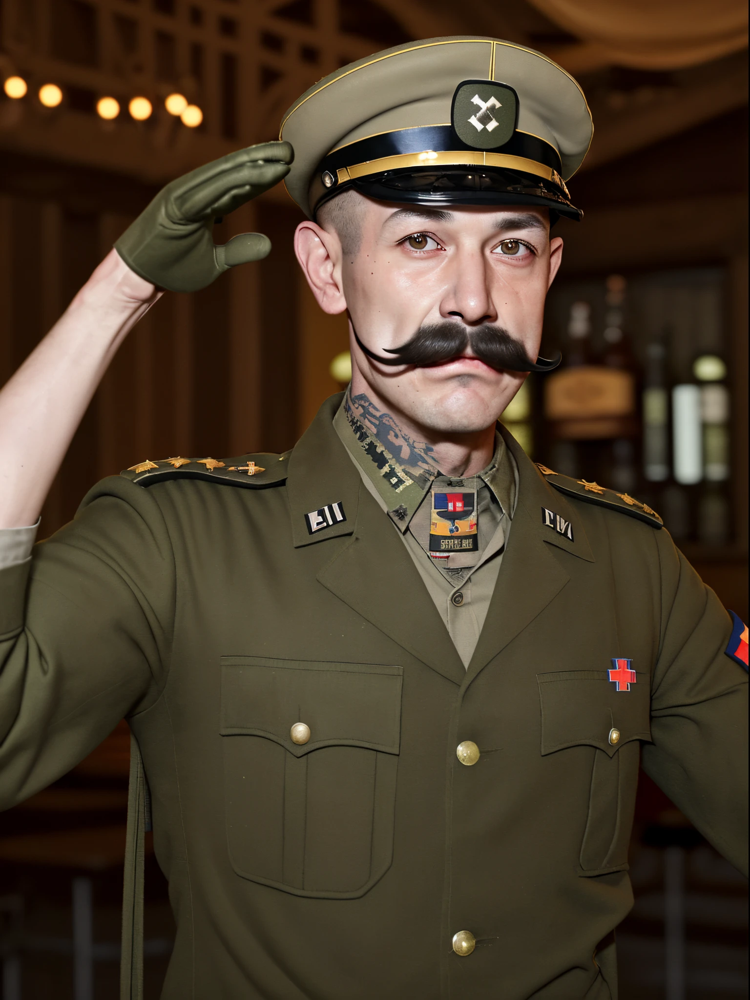 miltary，with a mustache，Partial split head，in a beer hall，speech，Enthusiastic，Dressed in German military uniform，Wearing a military cap，Army cap with swastika tattooed on it，of a real，4K分辨率