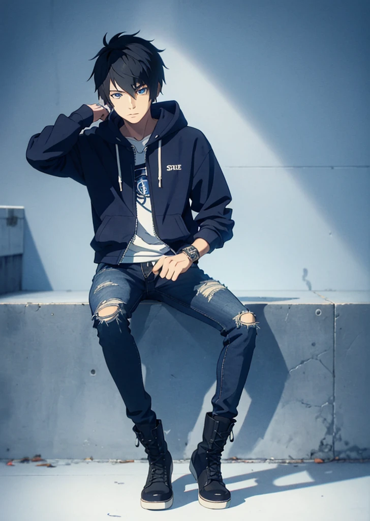 Teenage boy, black hair, emo hair style, blue zip hoodie, bold blue eyes, carrys a sword, black ripped jeans, boots