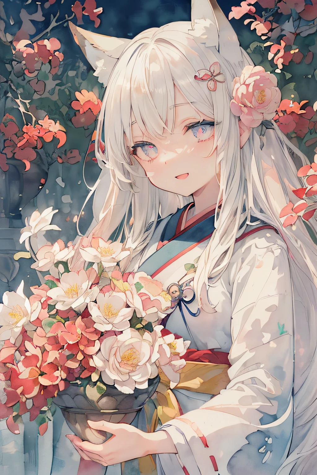 (highly detailed linework,watercolor bright tones:1.61), (Highly detailed anime masterpiece,Official art:1.21), Portrait of a fox girl with a huge bouquet:1.61, give preference to bouquets, 20yr old, Dense platinum white shiny long hair, Parted bangs, Braid hair, Side braid, eyebrows, ((Black lacquer flower comb, and fox ears)), Bundled, slightly wavy, Detailed gradient eyes, (Beautiful detailed eyes), Cute face, ((Perfect hands)), (busty:1.21), (delicate nine tails:1.33), (Old Elementary School, Old wooden one-story school building, It is built on the foundation of a stone wall, Well-groomed shrub, The schoolyard is under the stone wall, Gabled roof entrance, snow on tile roof, Loudspeaker at the top of the entrance, The giant ginkgo tree behind the school building has no leaves. BREAK (beautiful shrine maiden, detailed white shrine maiden close, Red Hakama:1.3), Elegant and neat atmosphere, (Beautiful nape), Beautiful waist~Butt line, (detailed indigo eyes:1.2) (Moist eyes, upward facing eyes), Scenery (Long moss-covered stone steps and schoolyard:1.3), A static, majestic, detailed and delicate kimono, A very delicate and beautiful kimono, Long sleeves, Simple hair ornament, ((stone stairs)), Majestic atmosphere, (Beautiful nape), Beautiful waist~Butt line, Side view from below, focus on flowers, Heart-shaped face, (detailed indigo eyes:1.2), Moist eyes, Narrow eyes, (Great smile, Joyful, Half-opening), Looking at Viewer, (woman climbing long stone stairs), (ether lighting particle light), ((Colorful dramatic shadow light and shadow symmetry, bottom low angle and from behind, (subjective perspective), ((the tree has no leaves, :1.1),