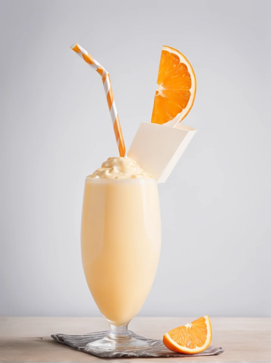 a transparent cocktail glass full of cheese sauce with a paper straw with orange and white striped paper straw inside