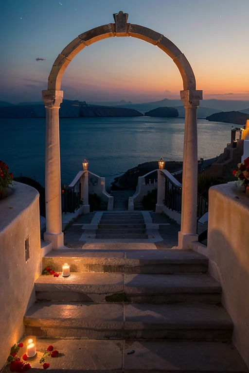 clear sky , night , stars , white stairs to heaven , sea side, arch with red roses , candle lights , greece
