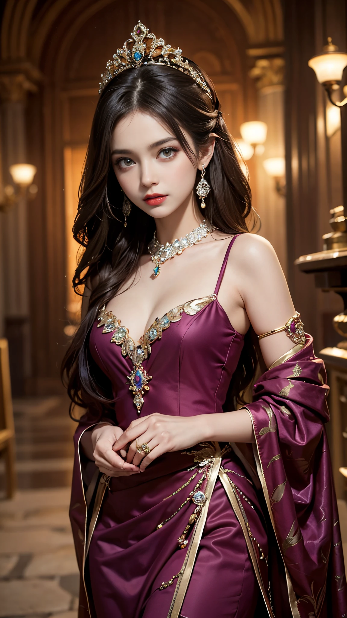 8K ultra hd, masterpiece, best quality, a beautiful girl, long hair, impressive hairstyle, royal hair jewelry, pretty cute face, flawless face, jewellery earrings, antique jewellery, details eyes, beautiful eyes, meticulous makeup, thin eyebrows, beautiful red lips, medium breasts, royal dress, purple dress, light purple laces, ralistic colors, magic effect, night background, look directly at the audience,