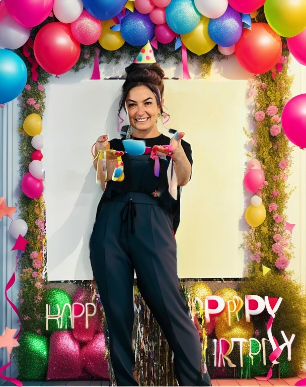 Repaint scenery with birthday party, Globos, happy birthday banner, Put party ribbons in your hands and repaint your clothes and put hairstyle in your hair.