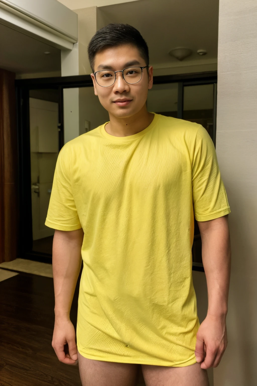 Andrew thomas huang, oval face, eyeglasses, neat muscular, yellow shirt, (((erect penis bulge)))