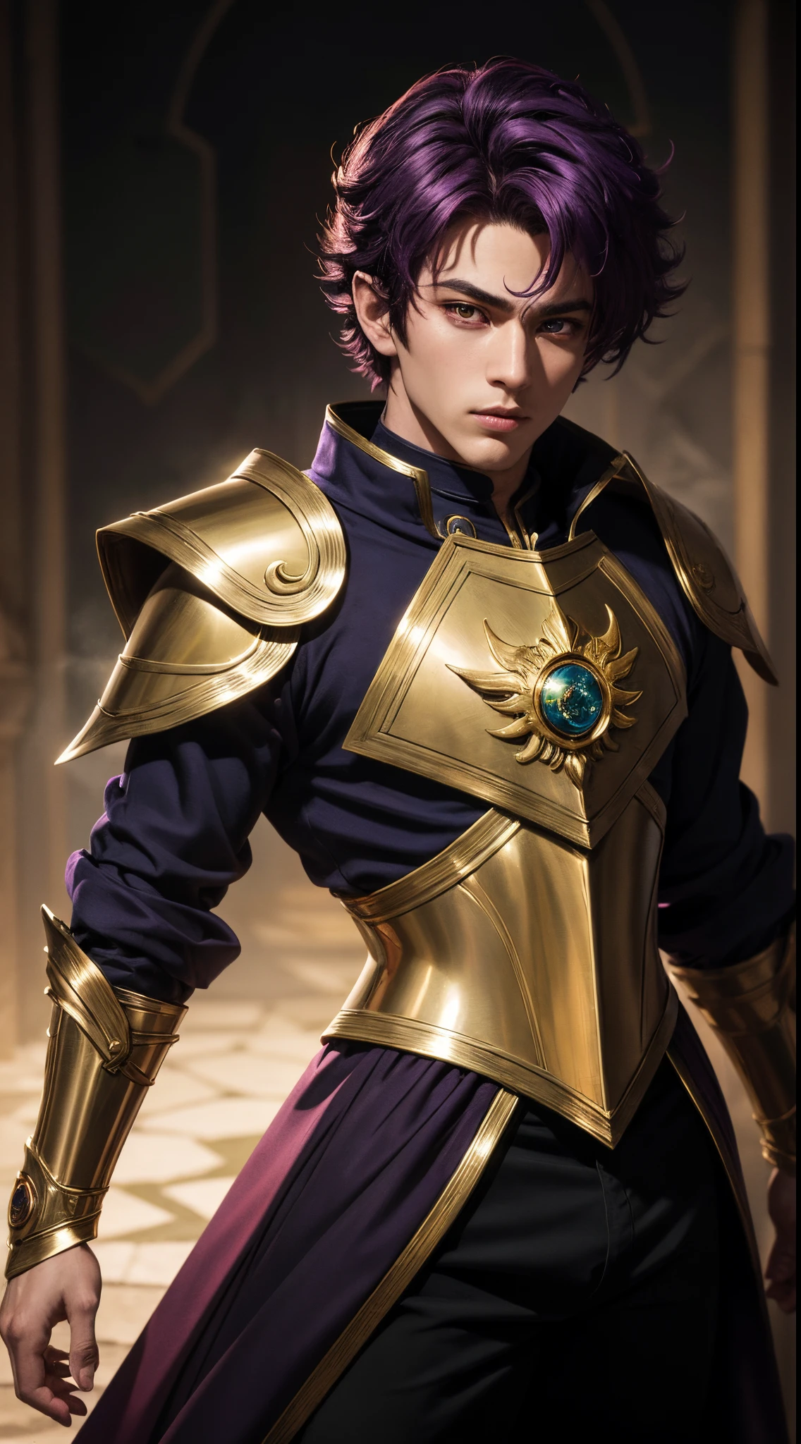 (absurdres, highres, ultra detailed, HDR), masterpiece, best quality, "magic knight rayearth" Character handsome boy in dark outfit short hair wearing detailed headgear purple hair