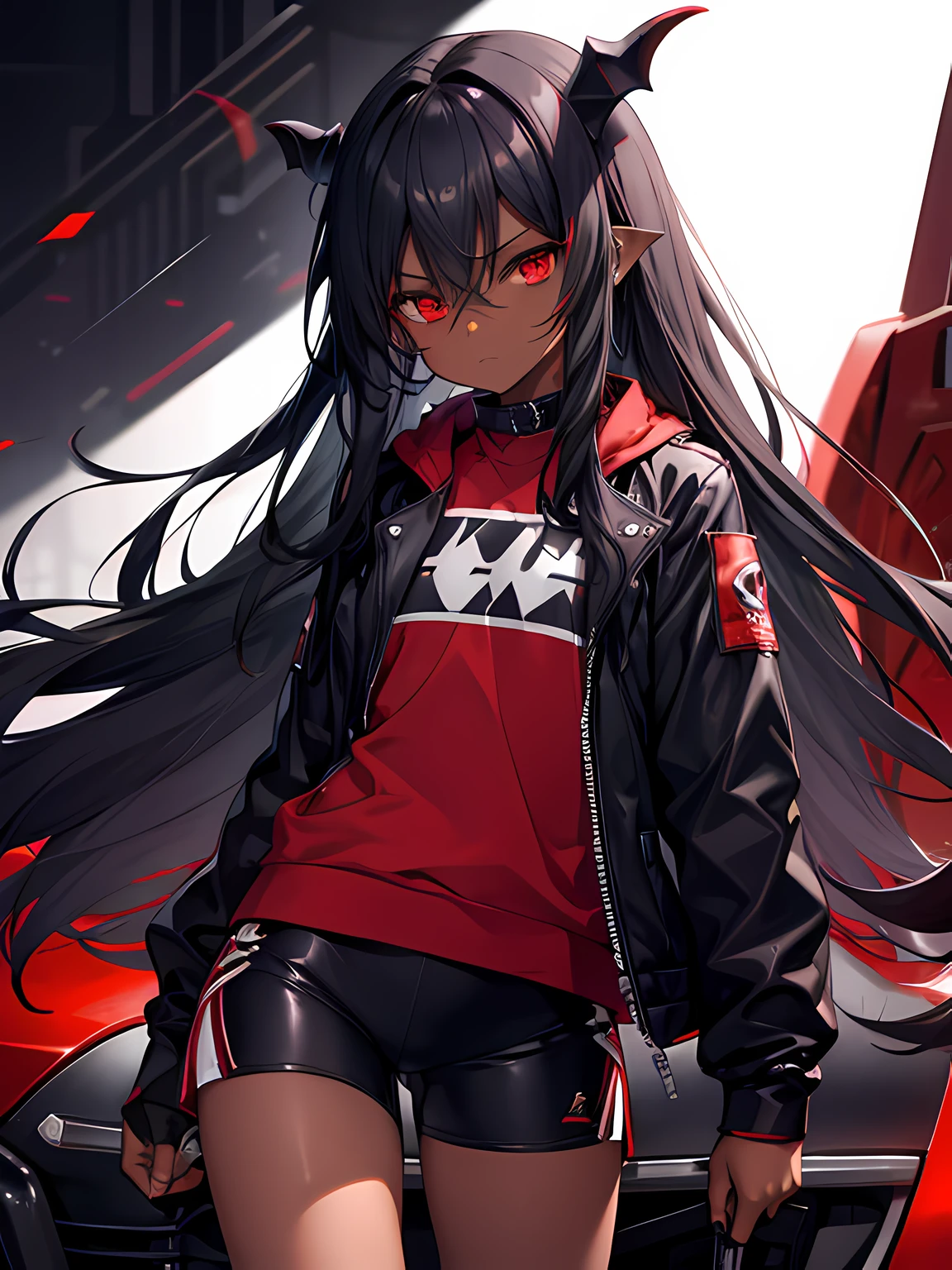 dark skin, dark long hair, red eyes, biker shorts, demonic, young, tsundere,
