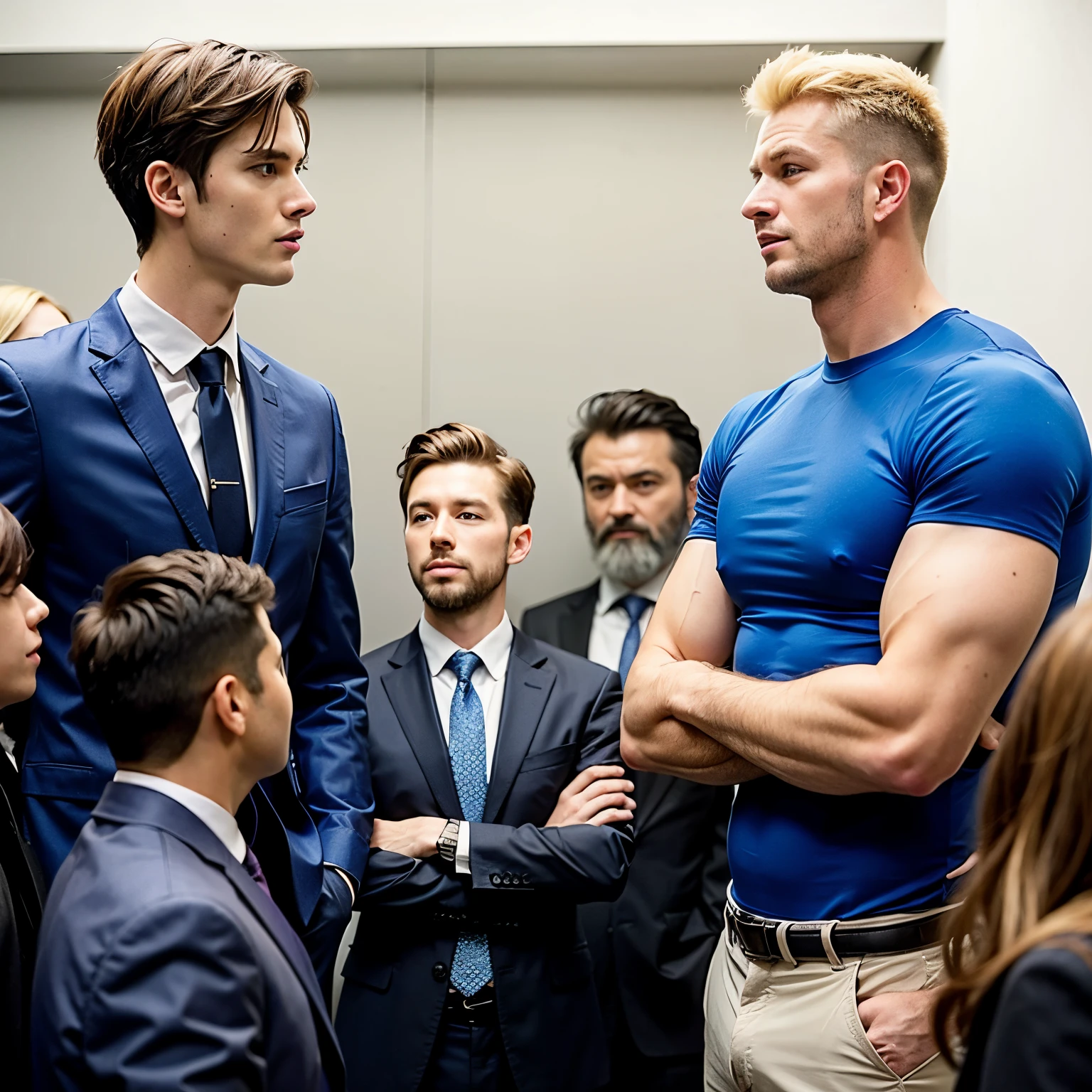 ((best qualityer)), ((realistic people)), (detailded) (ultrarealism) (4K) (two people)
In the scene there are two men. One man is throwing another out the window.
One of the men is blond and dressed in blue clothes.. The other man is black, wear glasses, very short and curly hair, He is wearing a green shirt and jeans.
The blond man is throwing the other man out the window