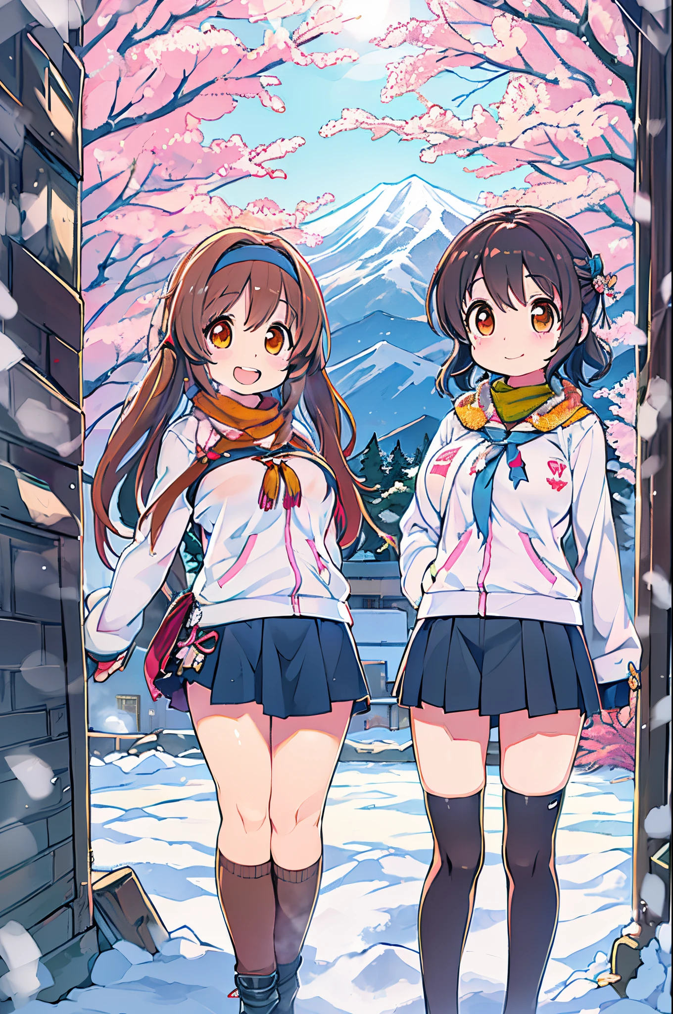 masutepiece、Anime character standing in the snow with mountains in the background, in style of kyoto animation, kyoto animation still, Anime Girls, Kyoto Animation, two beautiful anime girls, a-1 pictures, High School Girls, Happy!!!, kyoto animation key visual, Cute:2, Twin-tailed, anime movie background