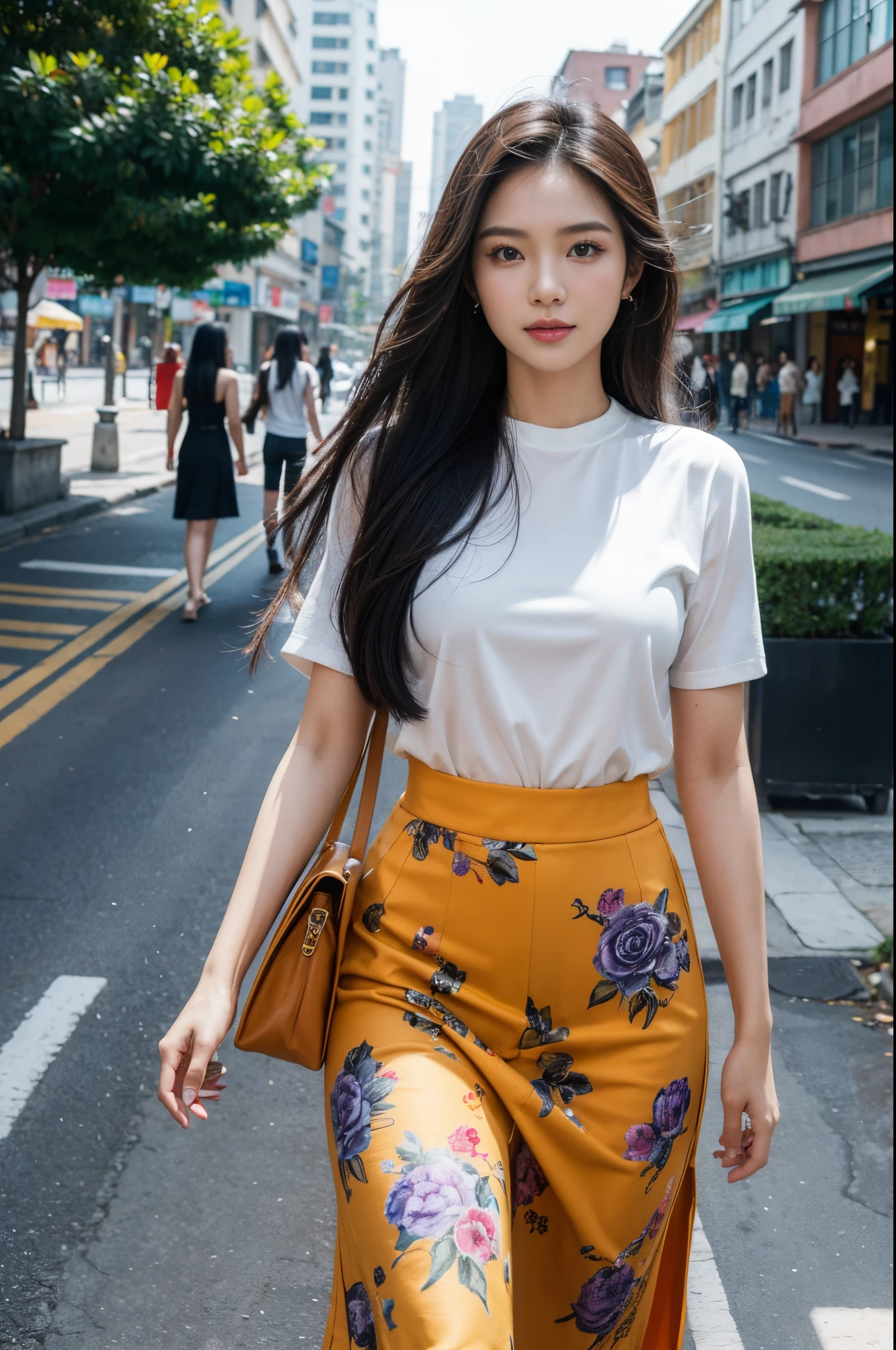 (8K, Ultra high res:1.1) Nguyen, an 18-year-old vibrant Vietnamese girl, exudes youthful charm in a modern Vietnamese-inspired outfit. She wears a stylish áo dài with contemporary patterns and designs, showcasing her fashion-forward sense. The high-resolution image captures ultra-detailed realism, highlighting Nguyen's captivating brown eyes, flawless complexion, and long black hair. The urban backdrop with its colorful street art and bustling cityscape adds a touch of youthful energy, creating a visually captivating representation of Nguyen's modern Vietnamese style.
