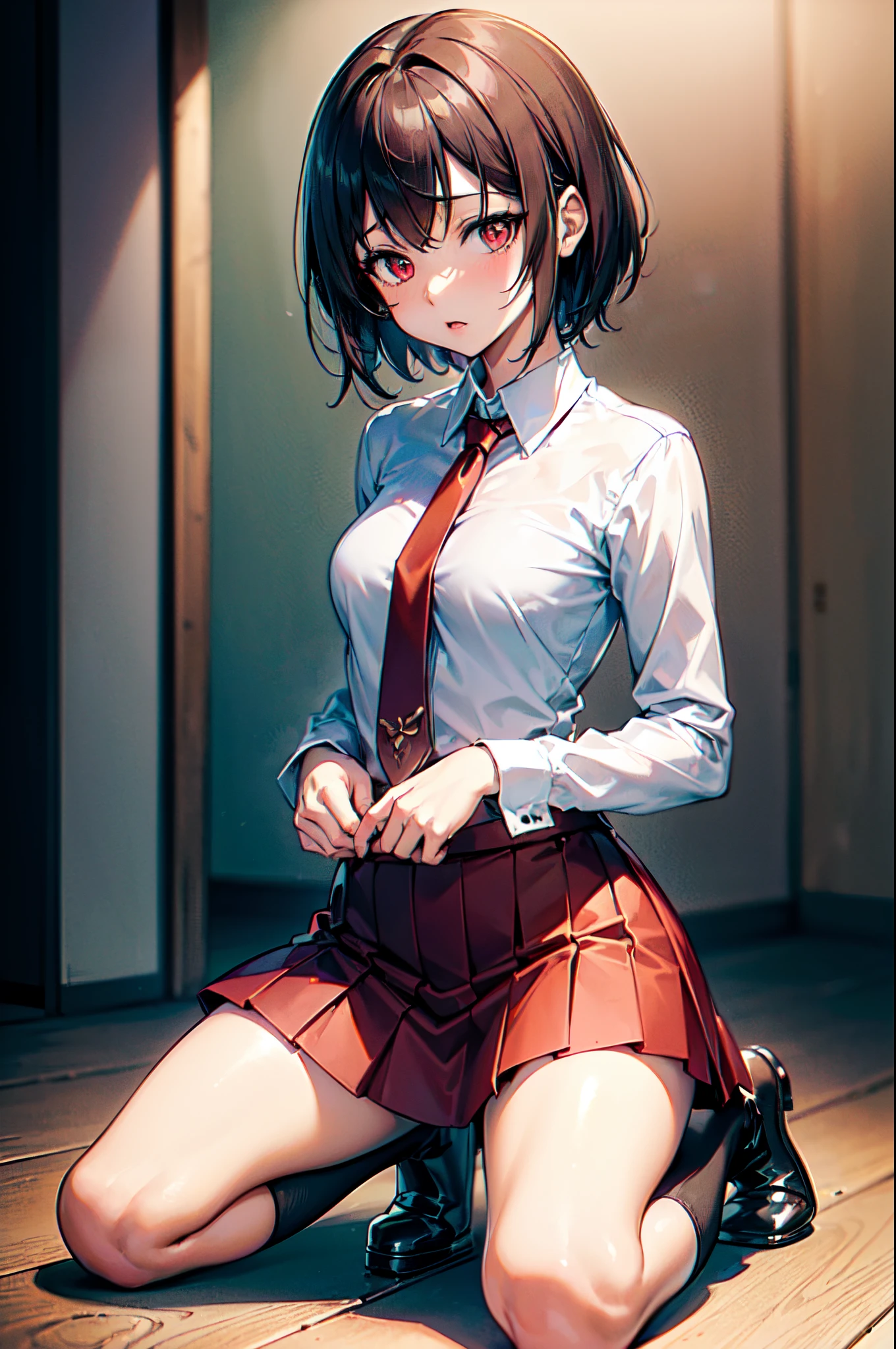 ((highly accurate))、((high-detail))、((4k CG))、Anime girl kneeling on the floor in a short skirt and red tie、 s、the anime girl is crouching、Beautiful anime girl squats、Anime Moe、((Beautiful red eyes))、((8K Eyes))、brown haired、short-haired、((fantasy worlds))、