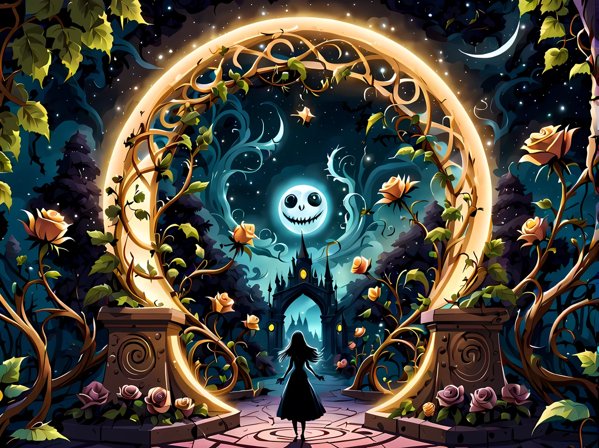 (symmetrical:1.3), (cute cartoon style:1.3), ((mystical spiral artifact emanates an ethereal glow)), ((floating gracefully in mid-air)), a group of tourists, awe and wonder, (dark gothic theme park), ((withered black roses, twisting vines)), starry night, (giant moon with a creepy face)