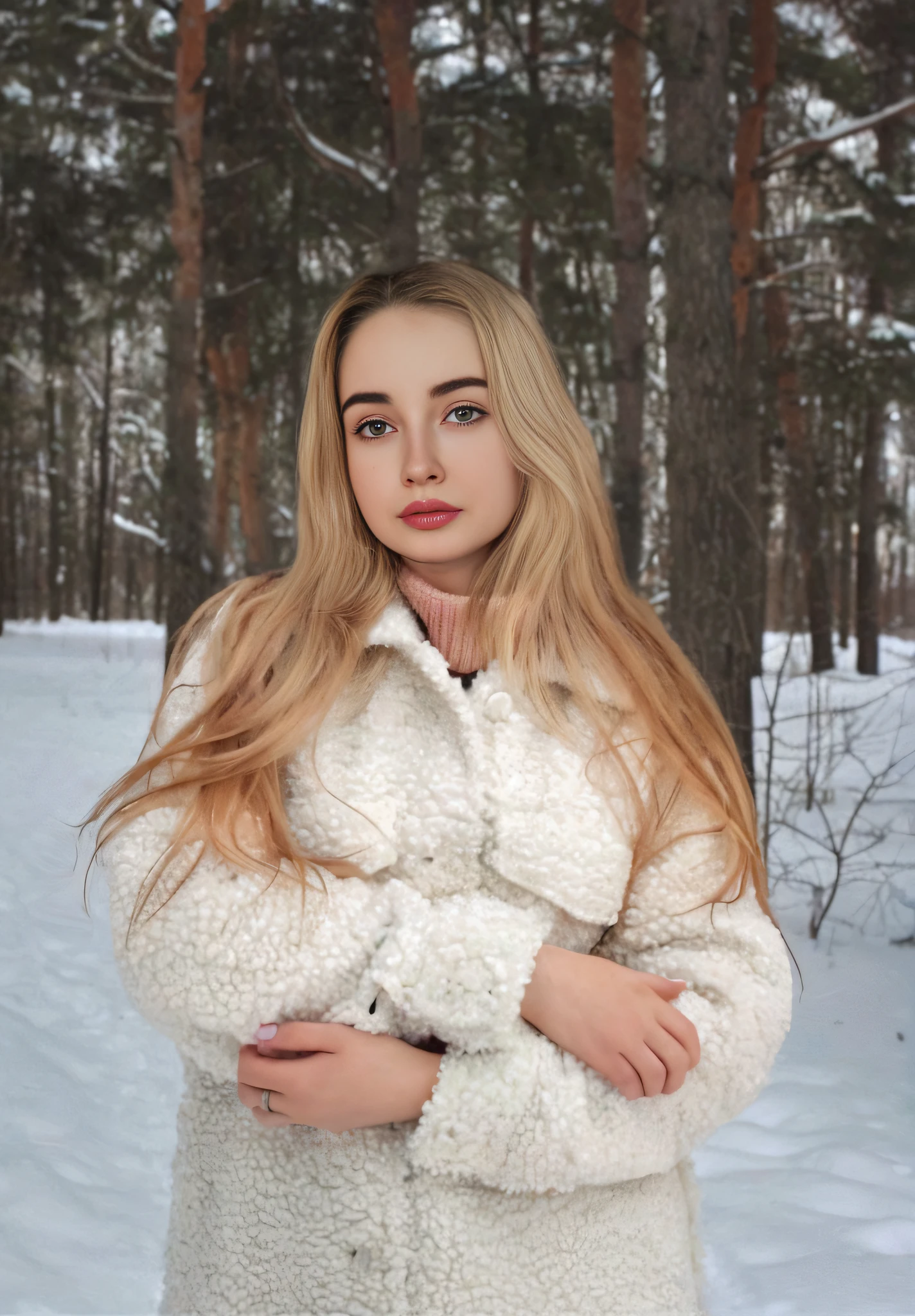 Arafed woman in a white fur coat stands in the snow, In the snow, anna nikonova aka newmilky, only snow in the background, in a snowy forest setting, In the snow, russian girlfriend, High Quality Portrait, wintertime, dasha taran, profile pic, Heavy Winter Aesthetics, white girl, inspired by Elsa Bleda, yelena belova, blonde woman, hairlong