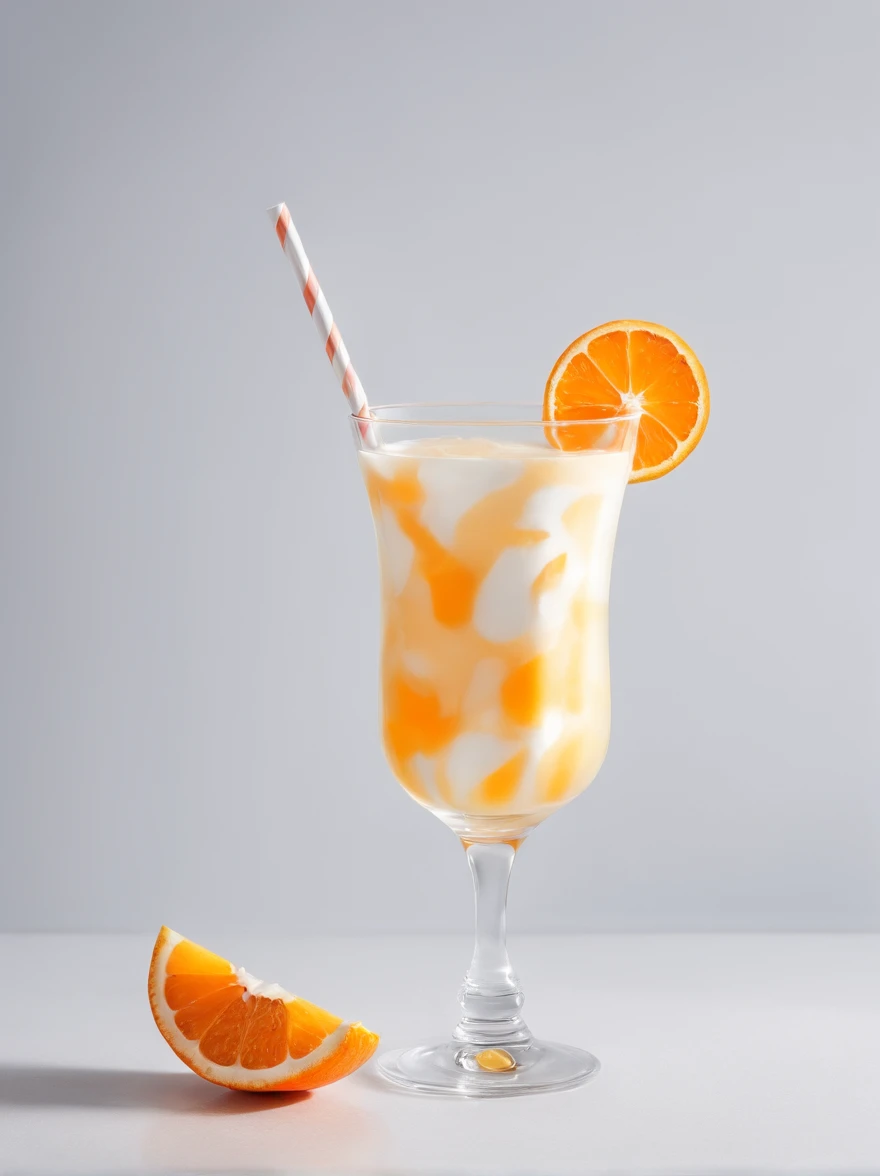 (Cinematic Photo:1.3) of (Realistic:1.3) a studio shot of a transparent cocktail glass full of liquid cheese sauce with an orange and white colored striped paper straw inside.