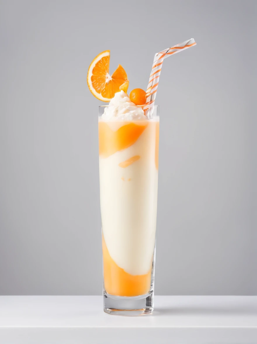 (Cinematic Photo:1.3) of (Realistic:1.3) a studio shot of a transparent cocktail glass full of liquid cheese sauce with an orange and white colored striped paper straw inside.
