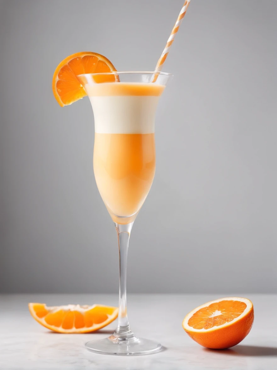 (Cinematic Photo:1.3) of (Realistic:1.3) a studio shot of a transparent cocktail glass full of liquid cheese sauce with an orange and white colored striped paper straw inside.