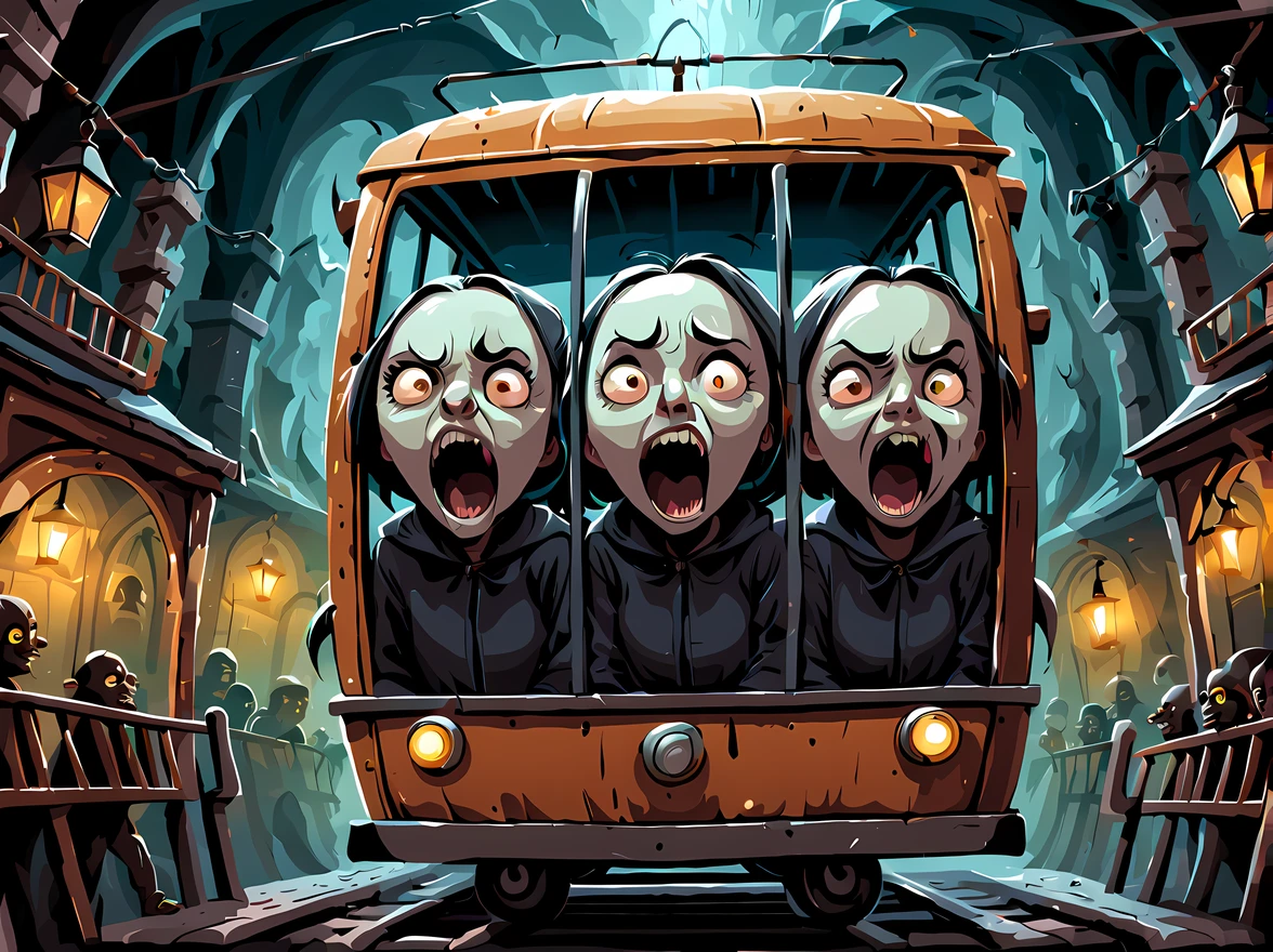 (symmetrical:1.3), (cute cartoon style:1.3), (solo:1.3), (side view:1.3), screaming people (((inside a trolley that emerges from the gaping maw of a giant eerie face))), railway attraction, surrounded by the haunting ambiance of a gothic theme park, mysterious, twisted statues and shadowy corners, surreal and macabre adventure, More Detail