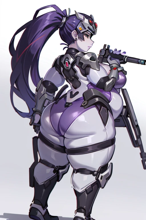 (masterpiece, best quality)
obese 1girl, solo, long hair, breasts, looking at viewer, gloves, holding, jewelry, medium breasts, very long hair, yellow eyes, ponytail, weapon, purple hair, earrings, medium fatbreasts, holding weapon, obese armor, lips, obese bodysuit, colored skin, holding gun,  obese body, big fat butt, center opening, purple skin, sniper rifle, hair pulled back, purple lips, pink bodysuit, head-mounted display, widowmaker \(overwatch\), WidowOver