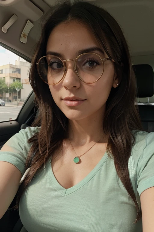 Mujer arafed con gafas y una camisa verde en un coche., gafas gruesas, con gafas, escote, sexy girl, Algunos destellos y especificaciones, Gafas grandes, tetona, con gafas puestas, chica atractiva, Chica sexy con ojos verdes, Parte superior de corte bajo, gafas, cuello grueso, Cara sexy, Chica con gafas, Gafas redondas grandes, Nerd