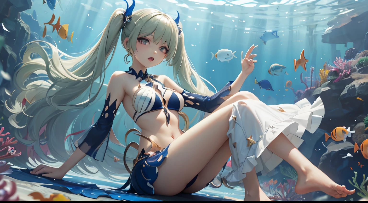 mobius (daughter of corals) (honkai impact), mobius (honkai impact), honkai (series), honkai impact 3rd, yelan xing xuan, 1girl, bangs, bare shoulders, barefoot, bikini, breasts, cleavage, coral reef, fish, full body, green eyes, green hair, jellyfish, long hair, navel, open mouth, solo, swimsuit, toes, twintails, underwater, water