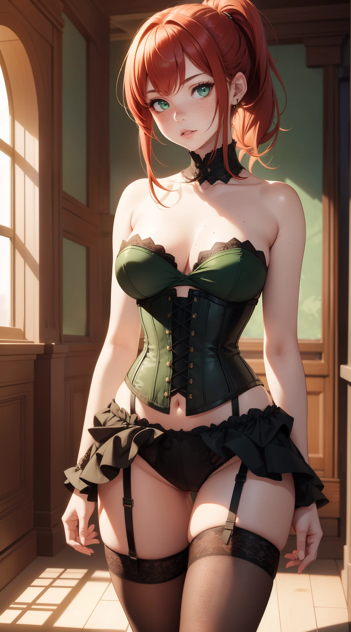 1girl, natural lighting, masterpiece, highly detailed, illustration, game CG, absurdres, high quality, redhead, green eyes, freckles, glossy lips, blush, ponytail, strapless corset, thigh highs