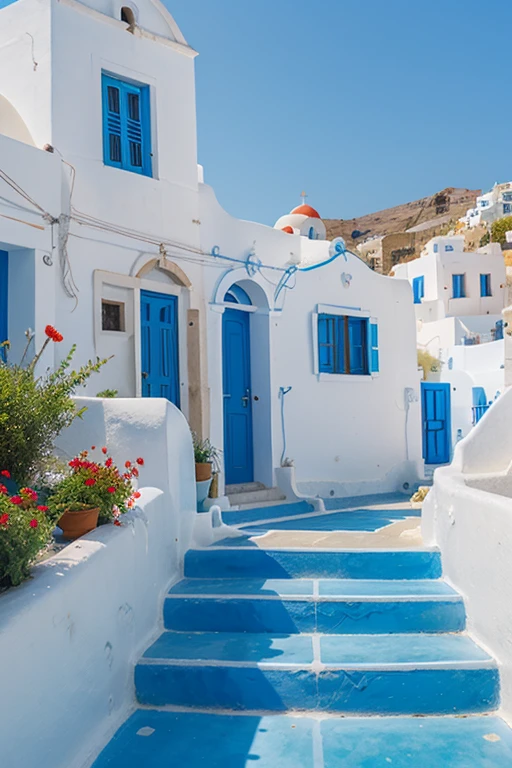 Greece  , Santorini, white and blue buildings , red roses , deep blue sea , clear blue sky ,