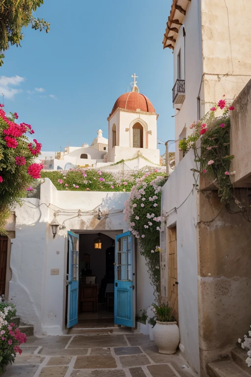 (best quality,4k,8k,highres,masterpiece:1.2),ultra-detailed,realistic:1.37,medium:oil painting,landscape,Greek islands,portraits,horizon,serene atmosphere,sunlight illuminating the scenery,crystal-clear water,gentle sea breeze,splendid view of the Aegean Sea,tranquil white and blue buildings,traditional architecture,awe-inspiring cliffs,secluded beaches,romantic atmosphere,white-washed houses,red roses in full bloom,blooming bougainvillea,vibrant colors and textures of Santorini,scenic hills and slopes,old-fashioned windmills,volcanic sand beaches,colorful fishing boats sparkling in the sun,traditional Greek tavernas with outdoor seating,cozy cafes overlooking the sea,fascinating sunset over the caldera,peaceful alleys,secluded gardens full of fragrant flowers,overhanging vines and trellises,domed churches with blue roofs,fascinating blend of ancient and modern,cobblestone streets,windy paths leading to hidden gems,glorious natural beauty,rustic charm,unforgettable moments captured forever in this painting.