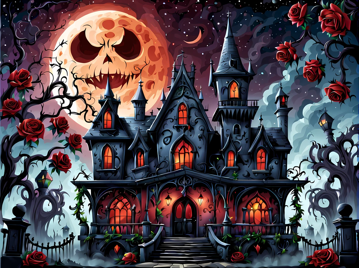 (symmetrical:1.3), (cute cartoon style:1.3), haunted mansion in the center gothic theme park, its imposing silhouette rises against the starry night sky, adorned with eerie carvings and weathered walls, giant red moon ((with a creepy face)), (withered black roses), ((tangled vines)), mysterious fog, More Detail