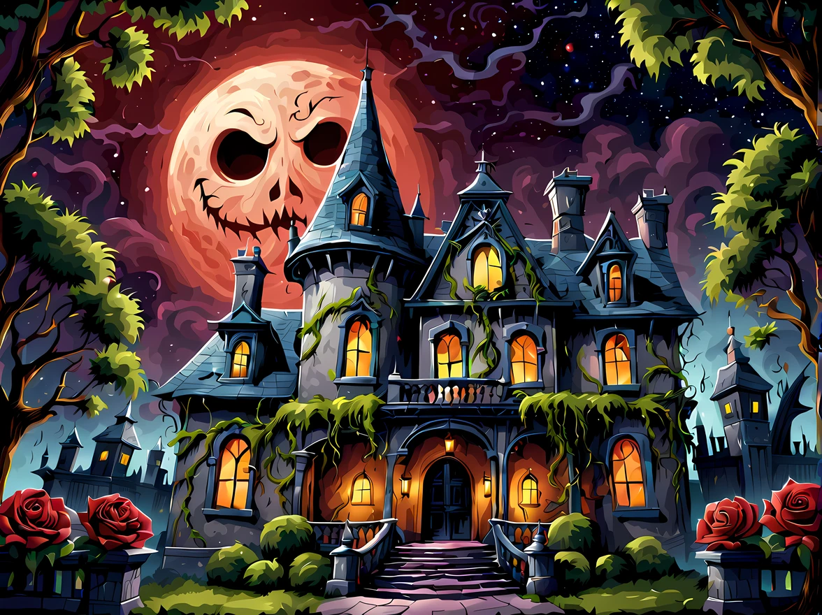 (symmetrical:1.3), (cute cartoon style:1.3), haunted mansion in the center ohic theme park), its imposing silhouette rises against the starry night sky, adorned with eerie carvings and weathered walls, giant red moon ((with a creepy face)), the overgrown courtyard, with (wilted black roses) and (((tangled vines))), mysterious fog, More Detail