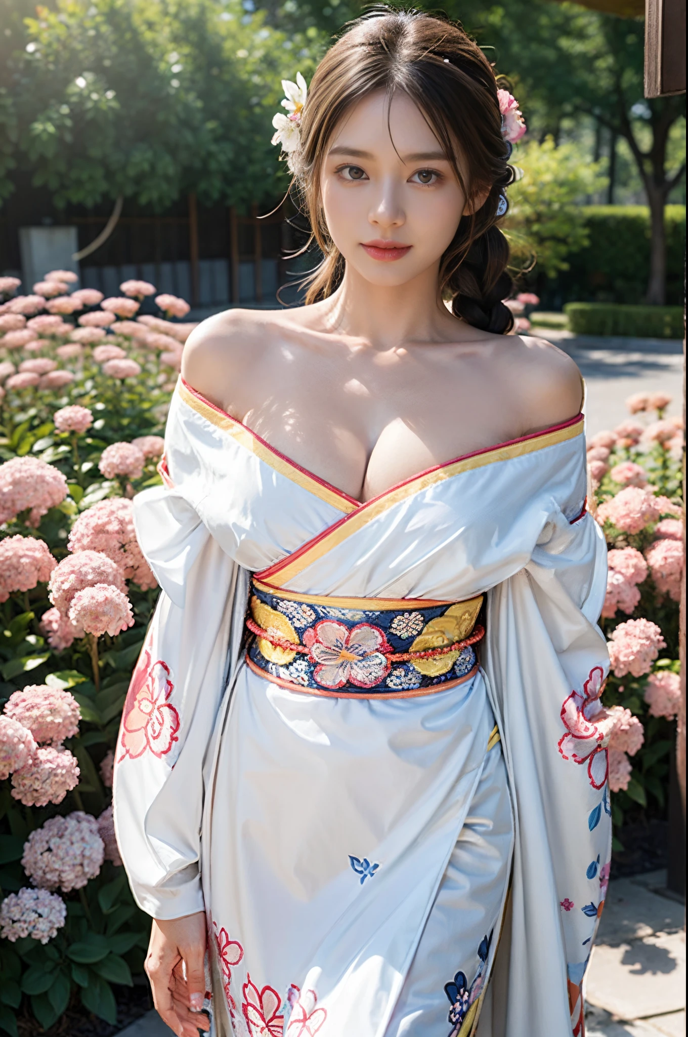 (nsfw),1girl, (white kimono, short japanese dress),((off-shoulders, cleavage, large breasts, thighs)),  (floral print), long sleeves, (twin braid), long hair, upper body, standing, (smile:0.8), (cowboy shot),(masterpiece, high quality, best quality), (colorful),(delicate eyes and face), volumatic light, ray tracing, extremely detailed CG unity 8k wallpaper,solo, ((flying petal)), outdoors, garden,(flowers),