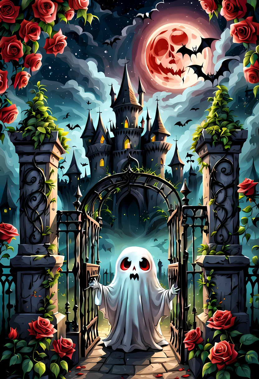 (symmetrical:1.3), (cute cartoon style:1.3), (gothic theme park), (massive open iron gates in the shape of a creepy face) adorned with red roses and ((twisting plant vines)), nature style, gothic castle behind the gates, haunted cemetery, ((cute ghost starring at the viewer)), ((bats)), night starry sky, (giant red moon), mysterious fog, More Detail