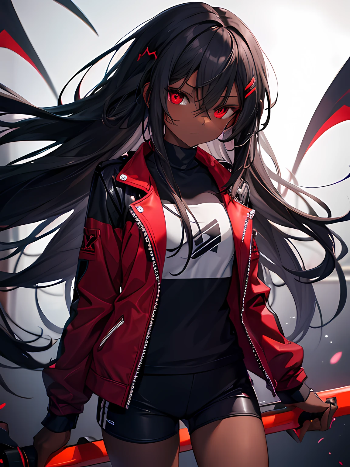 dark skin, dark long hair, red eyes, biker shorts, demonic, young, tsundere,