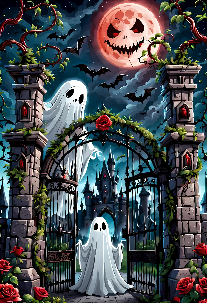 (symmetrical:1.3), (cute cartoon style:1.3), (gothic theme park), (massive open iron gates in the shape of a creepy face) adorned with red roses and ((twisting vines)), nature style, gothic castle behind the gates, haunted cemetery, ((cute ghost starring at the viewer)), ((bats)), night starry sky, (giant red moon), mysterious fog, More Detail