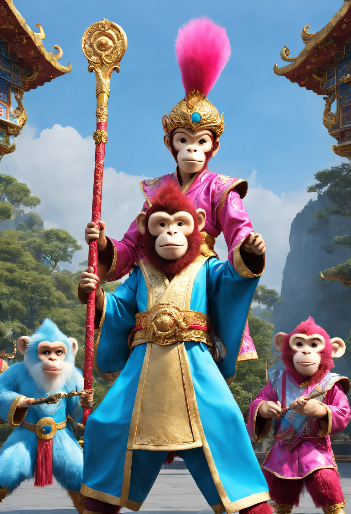 (Sun Wukong performs for children on stage at Cloisonné Theme Park），fiction《Trip》Monkey king，dreamland dreamland，ultra-realistic realism，Asymmetrical balance ，( magenta ）Carmine＋( blue white colors ）Blue-cyan＋( tin foil gold ）golden colored，pixar character